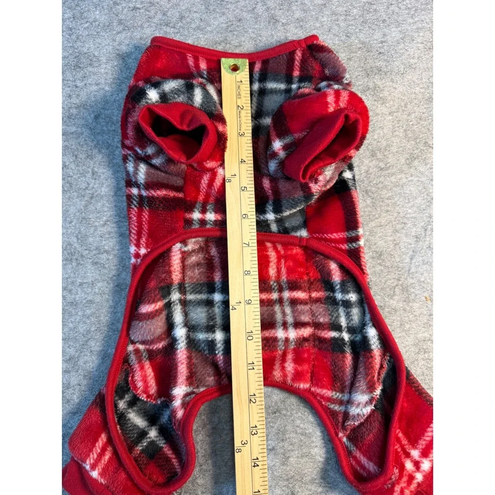 Red Plaid Fleece Dog Pajamas Medium Soft Warm‎ Pet One-Piece Sleepwear PJs